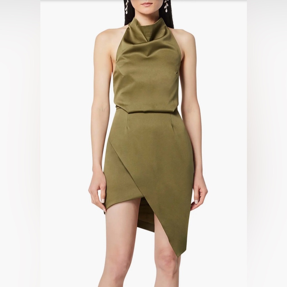 Elliatt Camo Asymmetric Satin Cocktail Dress In Olive | Size XS